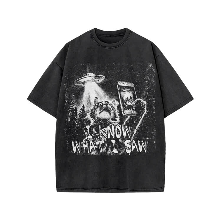 Vintage UFO Cat  I Know What I Saw Graphic Washed T-Shirt - Black - US20-22(3XL) - image 1
