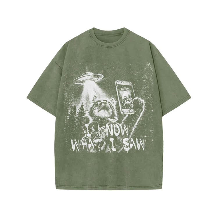 Vintage UFO Cat  I Know What I Saw Graphic Washed T-Shirt - Army Green - US20-22(3XL) - image 8