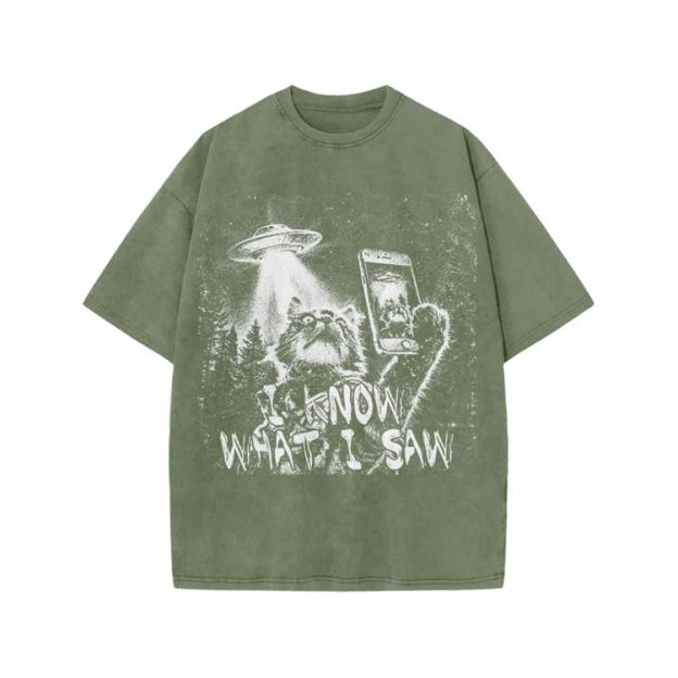 Vintage UFO Cat  I Know What I Saw Graphic Washed T-Shirt - Army Green - US20-22(3XL) - image 8