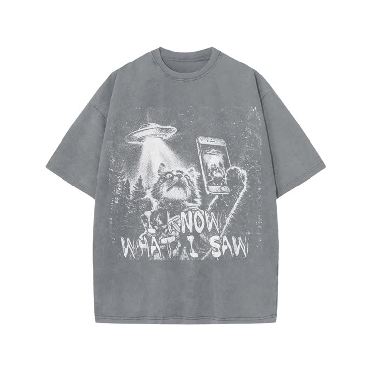 Vintage UFO Cat  I Know What I Saw Graphic Washed T-Shirt - Grey - US20-22(3XL) - image 7