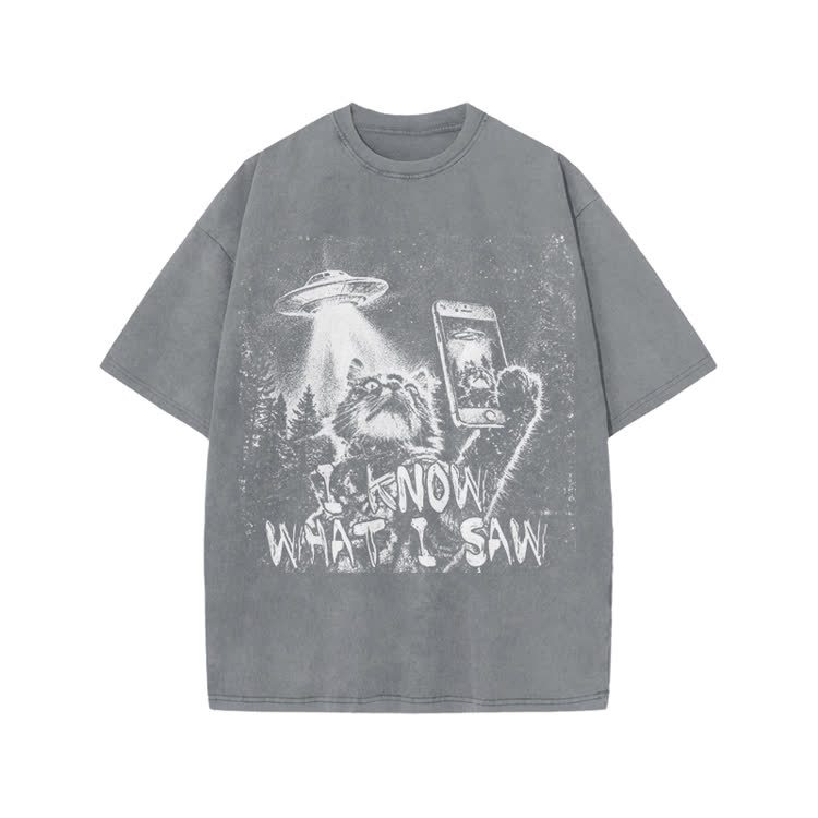 Vintage UFO Cat  I Know What I Saw Graphic Washed T-Shirt - Grey - US20-22(3XL) - image 7