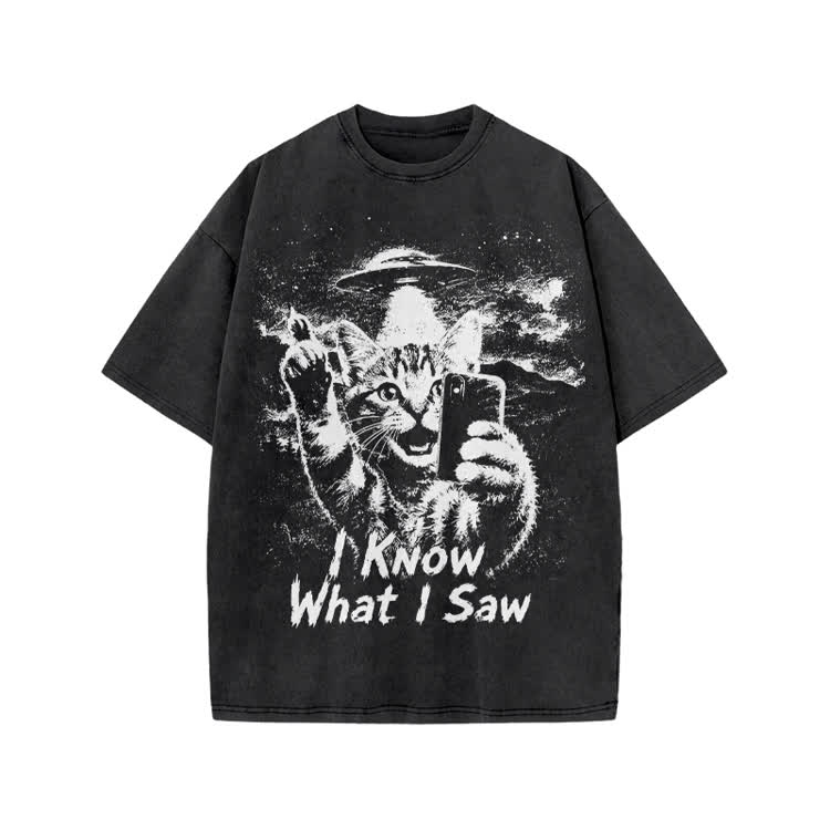 Casual I Know What I Saw Cat UFO Graphic Washed T-Shirt - Black - US20-22(3XL) - image 2
