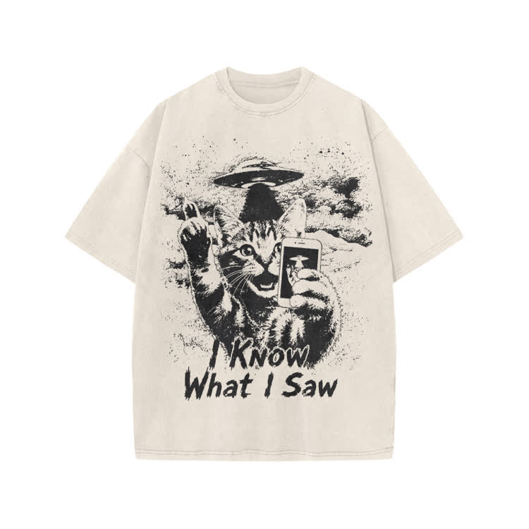 Casual I Know What I Saw Cat UFO Graphic Washed T-Shirt - Beige - US20-22(3XL) - image 1