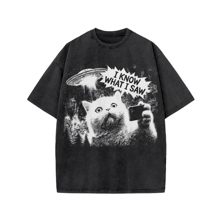 Sci Fi UFO Cat Graphic Washed T-Shirt - Black - US20-22(3XL) - image 2