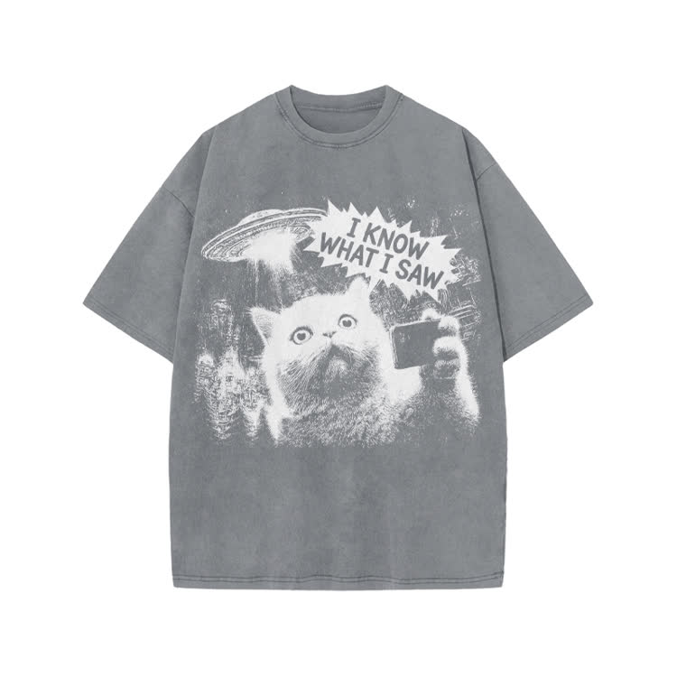 Sci Fi UFO Cat Graphic Washed T-Shirt - Grey - US20-22(3XL) - image 1