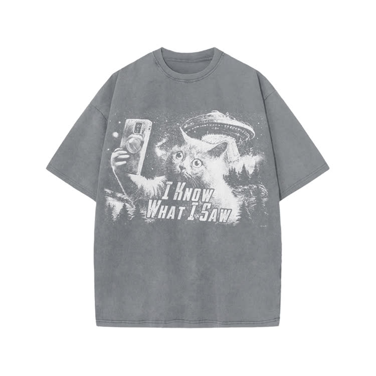 Vintage Sci Fi Novelty Alien Cat Graphic Washed T-Shirt - Grey - US20-22(3XL) - image 2