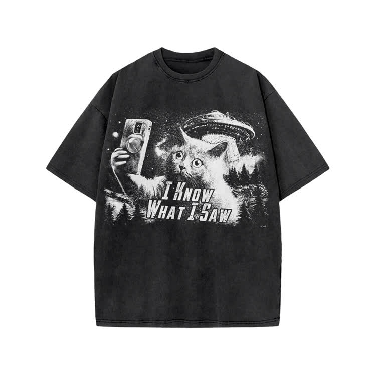 Vintage Sci Fi Novelty Alien Cat Graphic Washed T-Shirt - Black - US20-22(3XL) - image 1