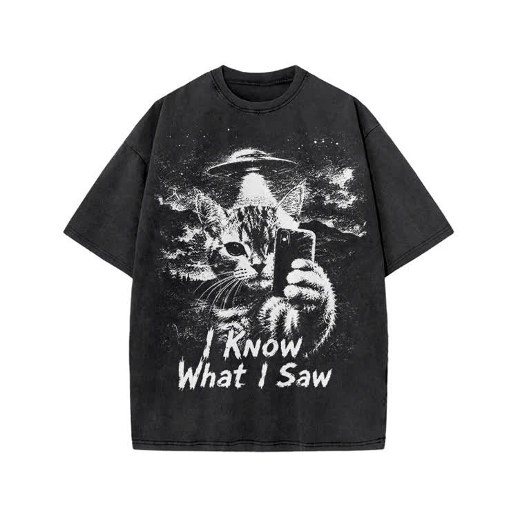 I Know What I Saw Cat Print Washed T-Shirt - Black - US20-22(3XL) - image 2