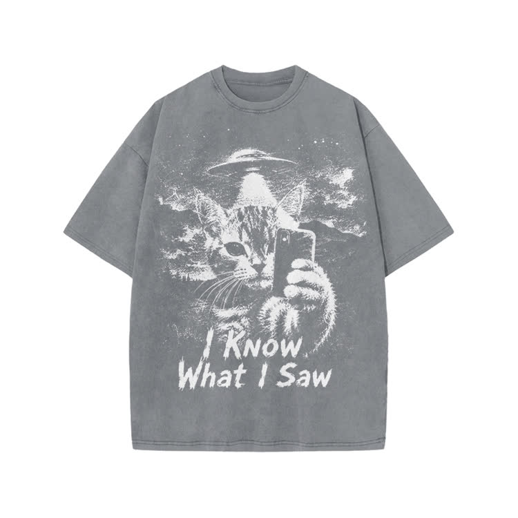 I Know What I Saw Cat Print Washed T-Shirt - Grey - US20-22(3XL) - image 1