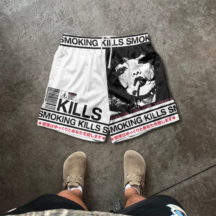 Smoking Kills Retro Manga Style Print Mesh Shorts - White - 5XL - image 2
