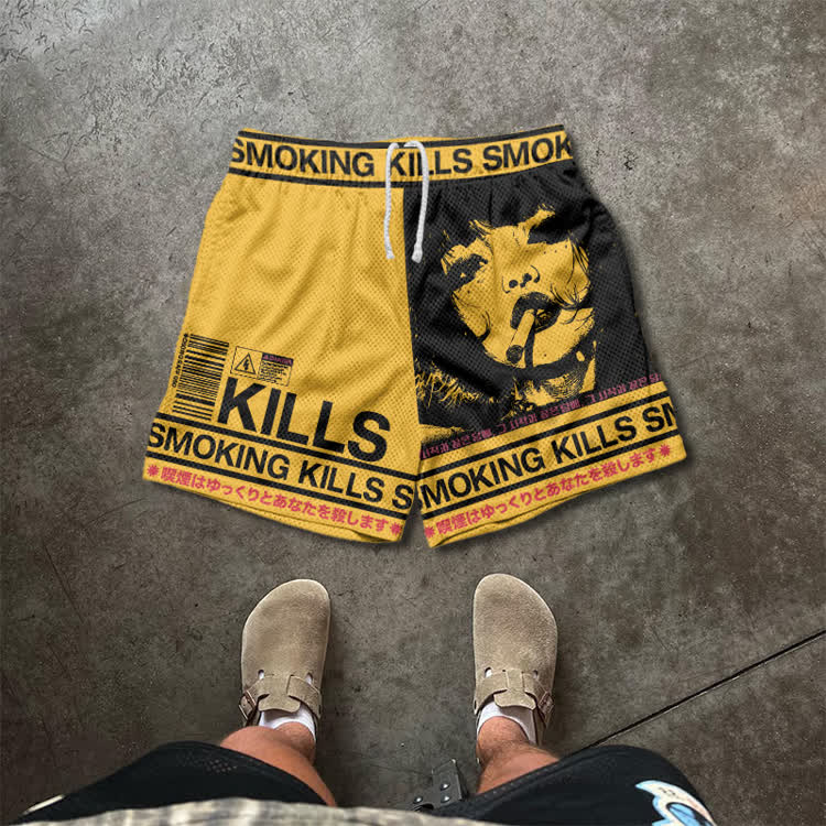 Smoking Kills Retro Manga Style Print Mesh Shorts - Yellow - 5XL - image 1