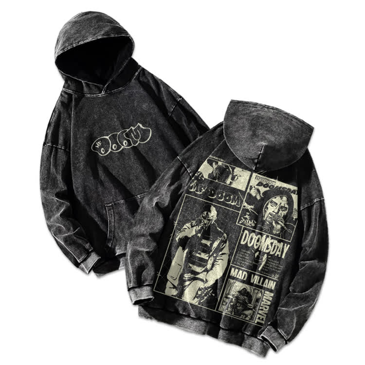 Vintage Streetwear Comic Panel Graphic Print Acid Washed Hoodie - Black - US16-18(2XL) - image 1