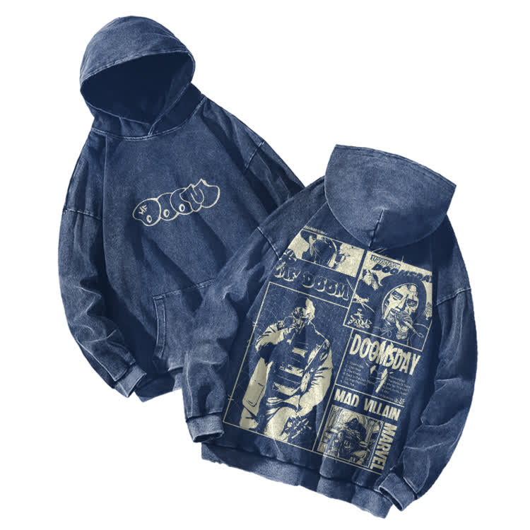 Vintage Streetwear Comic Panel Graphic Print Acid Washed Hoodie - Blue - US16-18(2XL) - image 2