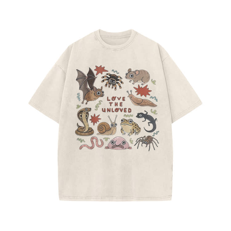 Retro Love The Unloved Cartoon Graphic Print Acid Washed T-Shirt - Beige - US20-22(3XL) - image 1