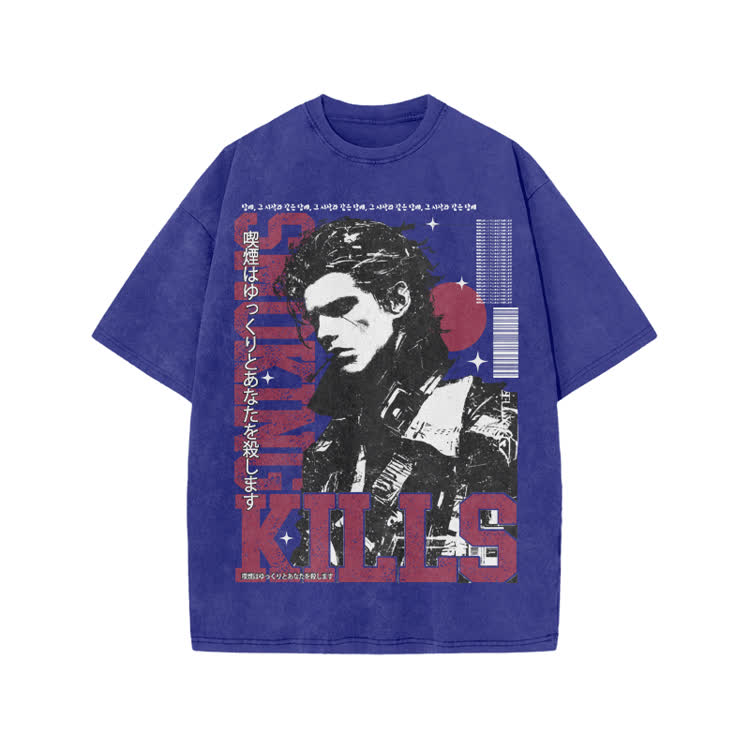 Vintage Smoking Kills Artwork Graphic Print Acid Washed T-Shirt - Blue - US20-22(3XL) - image 2