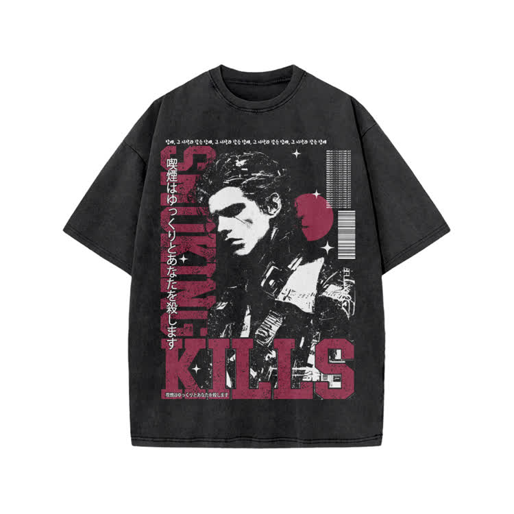 Vintage Smoking Kills Artwork Graphic Print Acid Washed T-Shirt - Black - US20-22(3XL) - image 1