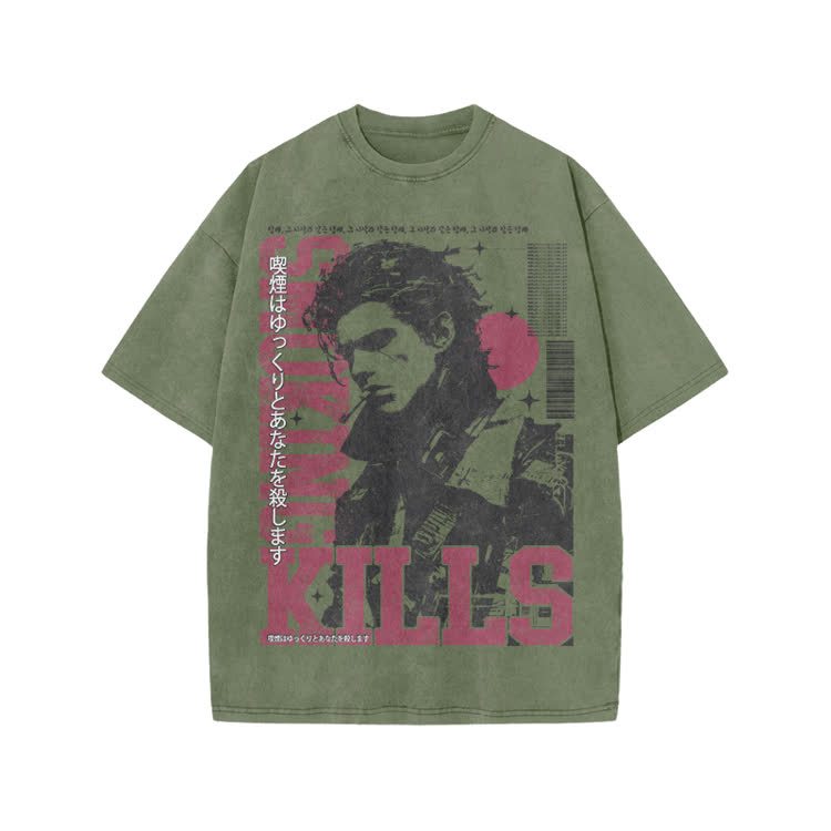 Vintage Smoking Kills Artwork Graphic Print Acid Washed T-Shirt - Army Green - US20-22(3XL) - image 8