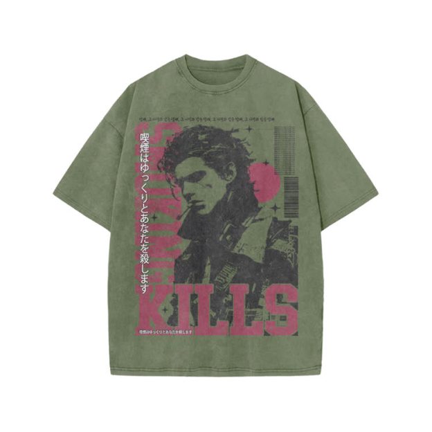 Vintage Smoking Kills Artwork Graphic Print Acid Washed T-Shirt - Army Green - US20-22(3XL) - image 8