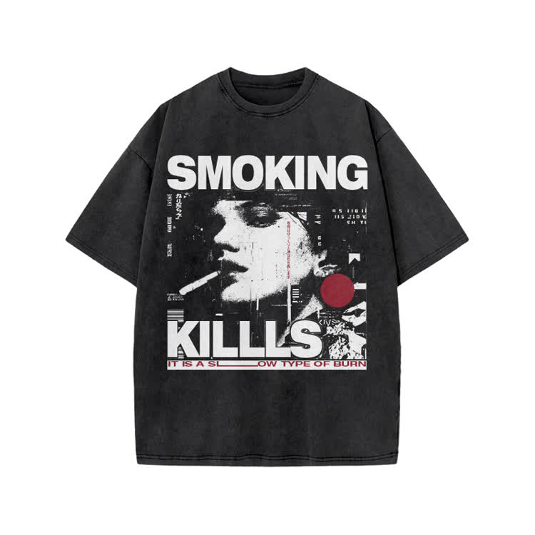 Street Rebel Smoking Kills Collage Graphic Print Acid Washed T-Shirt - Black - US20-22(3XL) - image 2