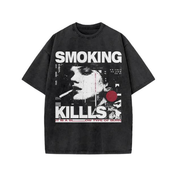 Street Rebel Smoking Kills Collage Graphic Print Acid Washed T-Shirt - Black - US20-22(3XL) - image 2