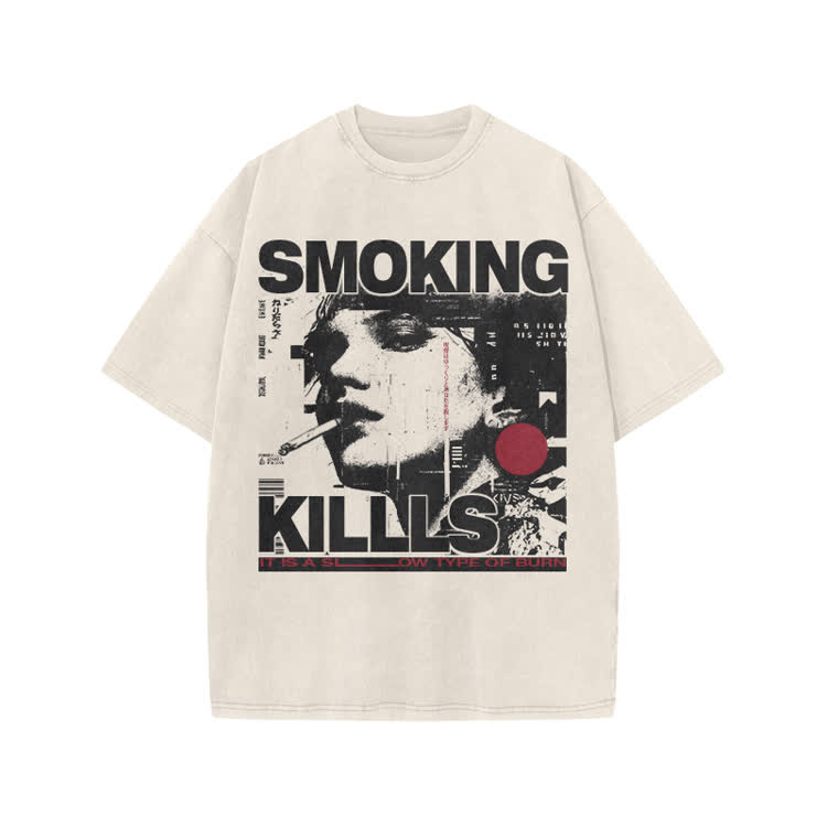 Street Rebel Smoking Kills Collage Graphic Print Acid Washed T-Shirt - Beige - US20-22(3XL) - image 1