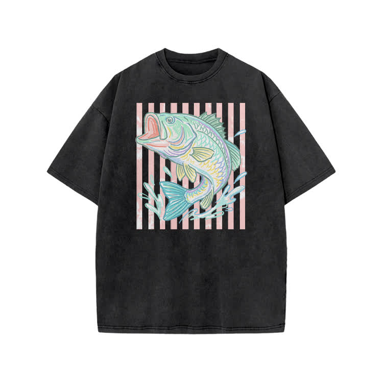 Vintage Bass Fish Graphic Print Acid Washed T-shirt - Black - US20-22(3XL) - image 2