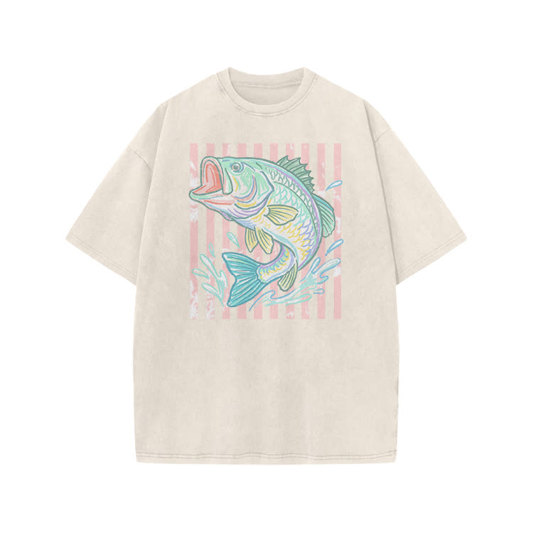 Vintage Bass Fish Graphic Print Acid Washed T-shirt - Beige - US20-22(3XL) - image 1