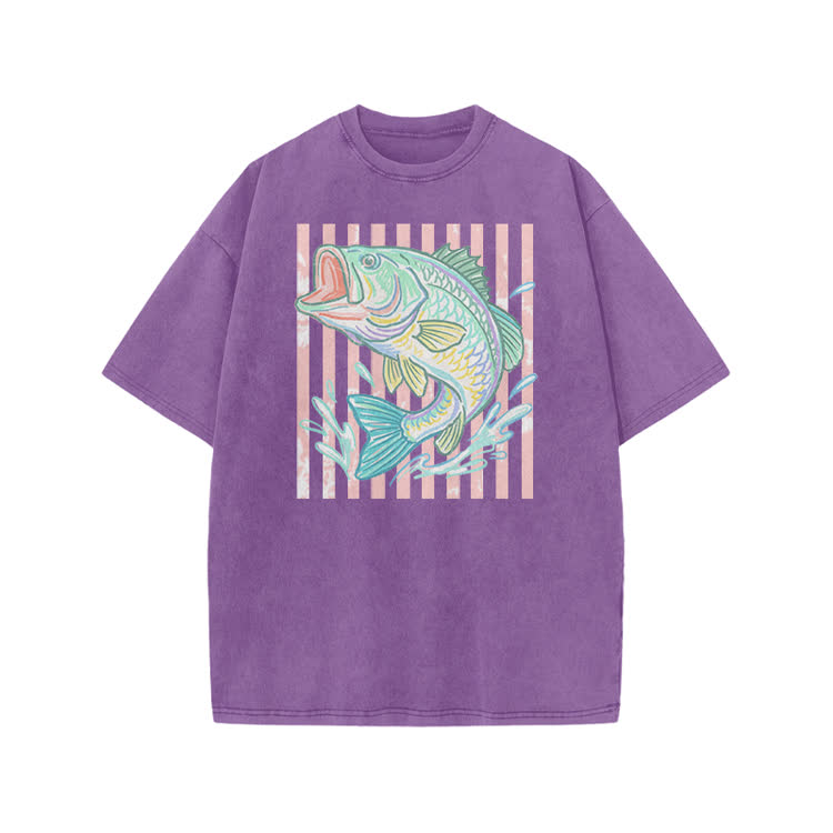 Vintage Bass Fish Graphic Print Acid Washed T-shirt - Purple - US20-22(3XL) - image 8