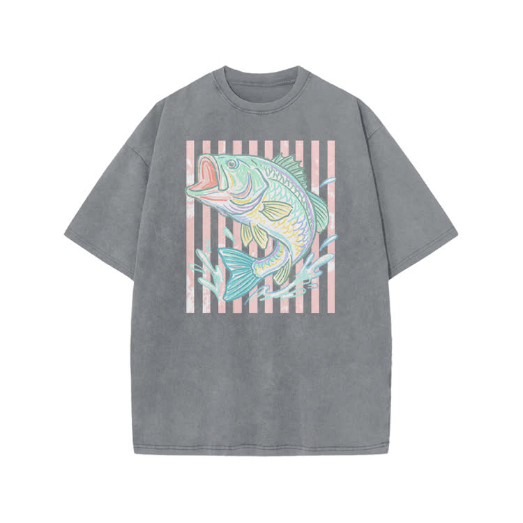 Vintage Bass Fish Graphic Print Acid Washed T-shirt - Grey - US20-22(3XL) - image 7