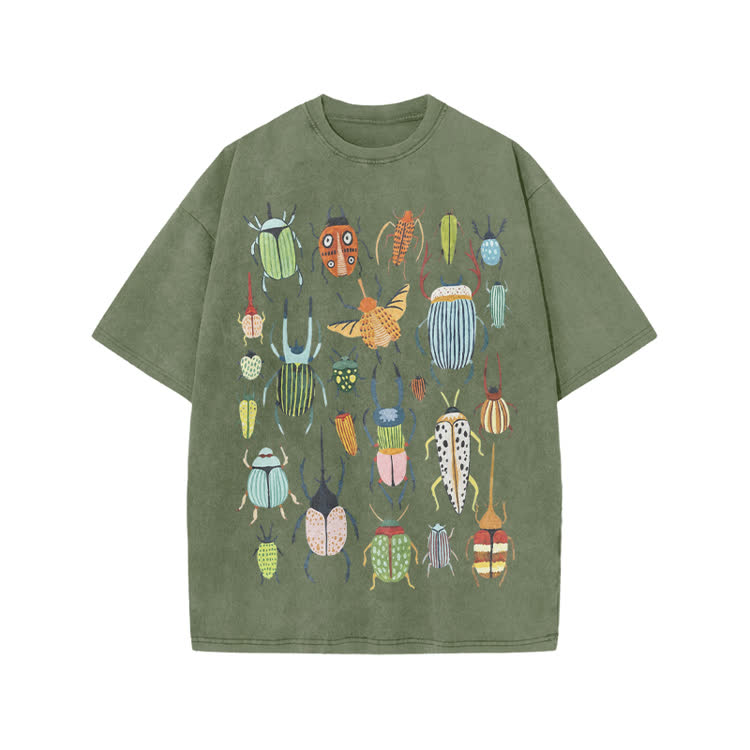 Faded Vintage Beetle Graphic Print Acid Washed T-shirt - Army Green - US20-22(3XL) - image 4