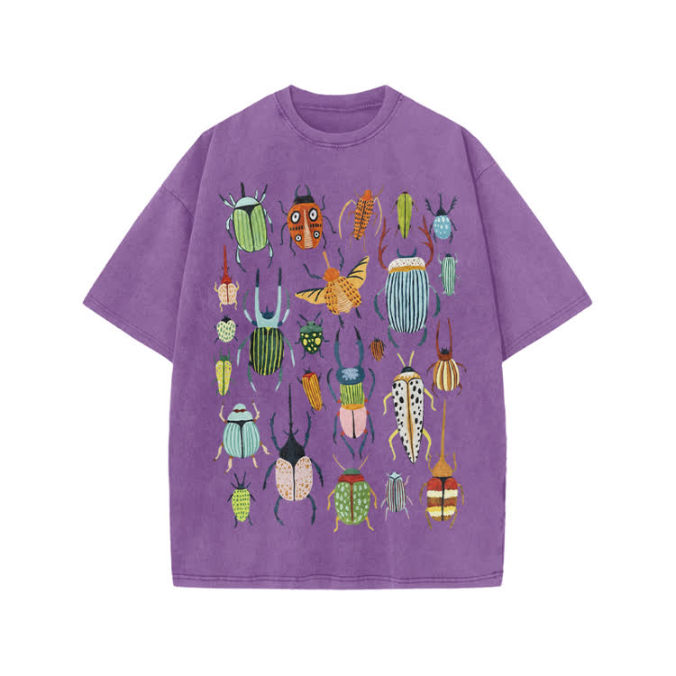 Faded Vintage Beetle Graphic Print Acid Washed T-shirt - Purple - US20-22(3XL) - image 3