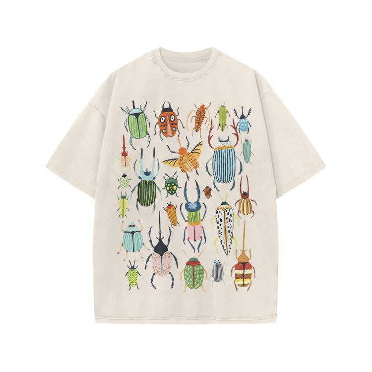 Faded Vintage Beetle Graphic Print Acid Washed T-shirt - Beige - US20-22(3XL) - image 2