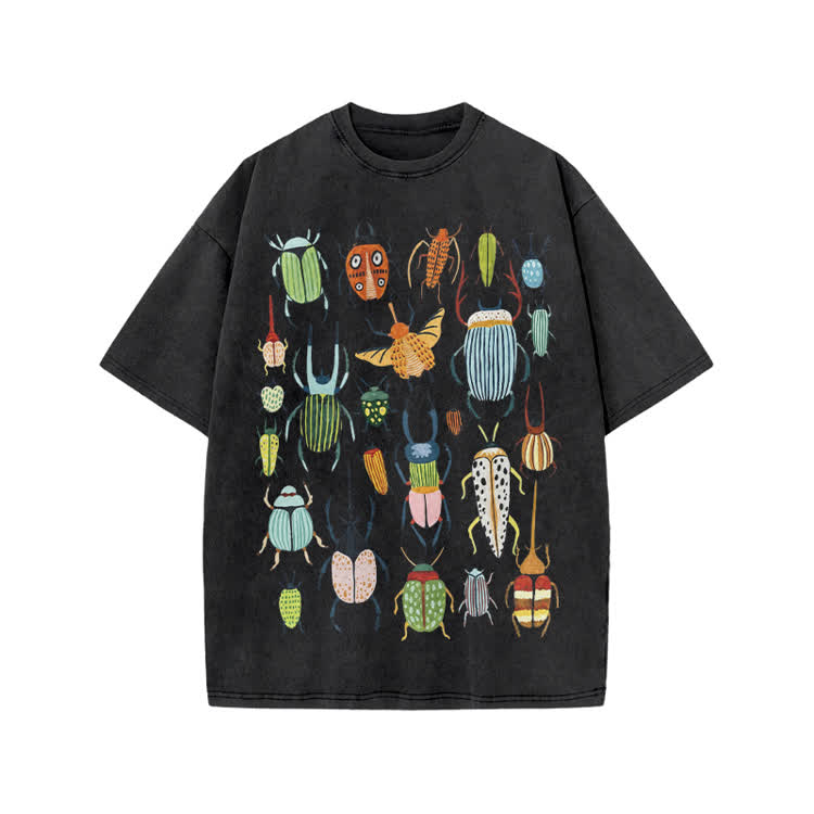 Faded Vintage Beetle Graphic Print Acid Washed T-shirt - Black - US20-22(3XL) - image 1