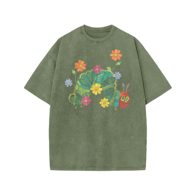 Playful Cartoon Floral Graphic Print Acid Washed T-Shirt - Army Green - US20-22(3XL) - image 2