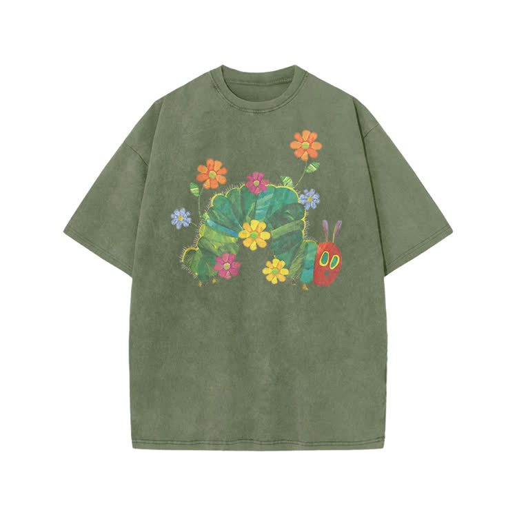 Playful Cartoon Floral Graphic Print Acid Washed T-Shirt - Army Green - US20-22(3XL) - image 2