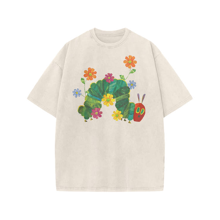 Playful Cartoon Floral Graphic Print Acid Washed T-Shirt - Beige - US20-22(3XL) - image 1