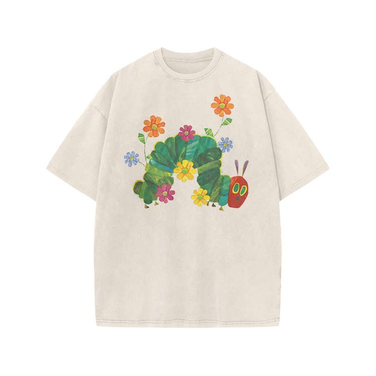 Playful Cartoon Floral Graphic Print Acid Washed T-Shirt - Beige - US20-22(3XL) - image 1