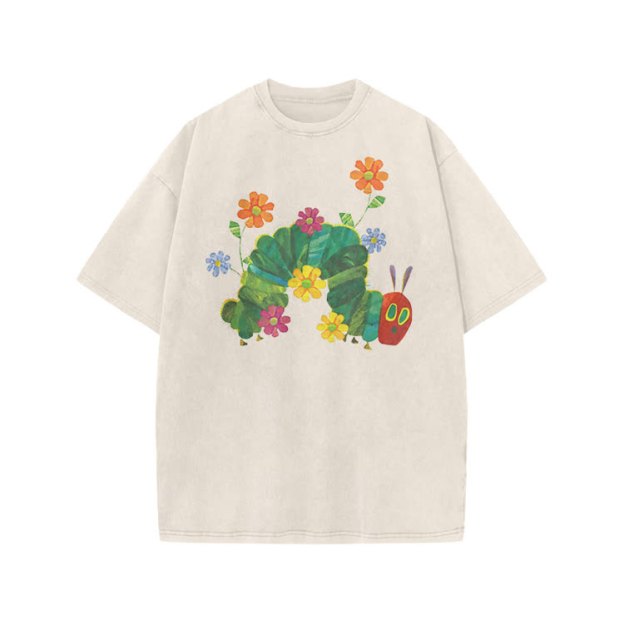 Playful Cartoon Floral Graphic Print Acid Washed T-Shirt - Beige - US20-22(3XL) - image 1
