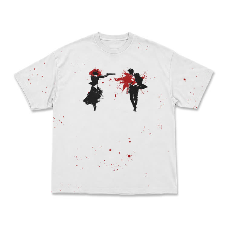 Dark Narrative Blood Splash Silhouette Graphic Print T-Shirt - White - 8XL - image 1