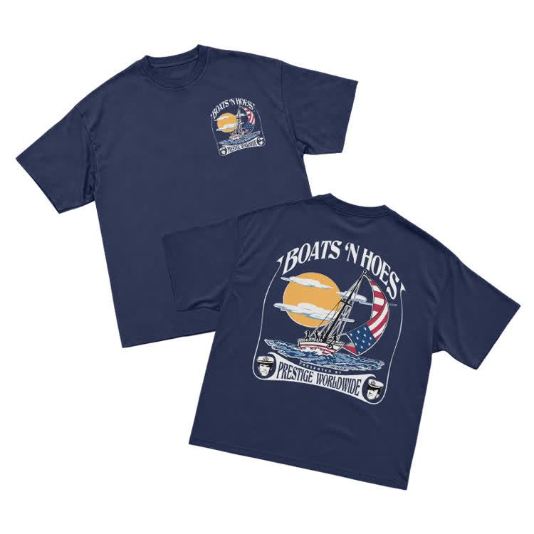 Vintage Sail Sunset Graphic Crew Neck T-Shirt - Navy Blue - US16-18(2XL) - image 1