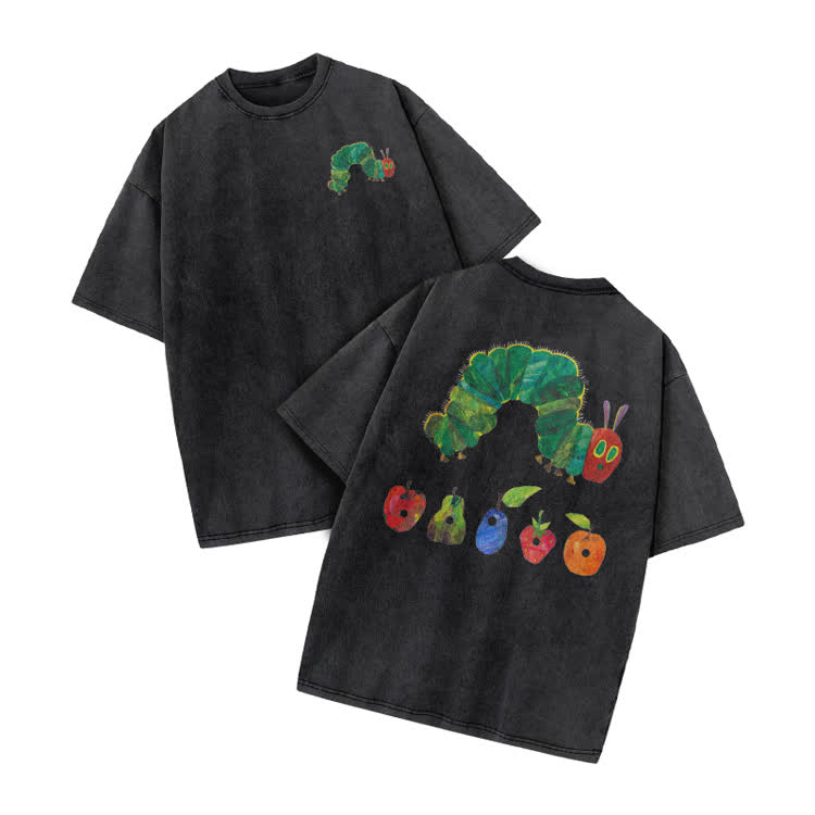 Vintage Watercolor Caterpillar Graphic Print Acid Washed T-Shirt - Black - US20-22(3XL) - image 2