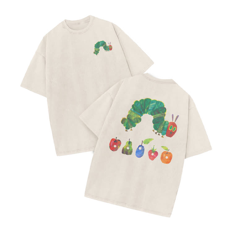 Vintage Watercolor Caterpillar Graphic Print Acid Washed T-Shirt - Beige - US20-22(3XL) - image 1