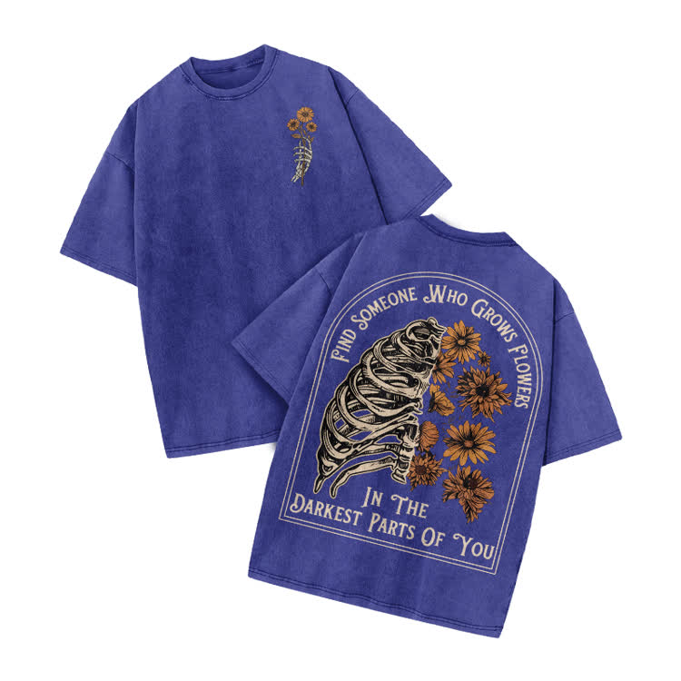 Vintage Floral Ribcage Print Acid Washed T-Shirt - Blue - US20-22(3XL) - image 2