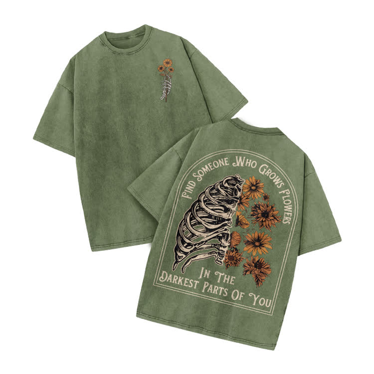 Vintage Floral Ribcage Print Acid Washed T-Shirt - Army Green - US20-22(3XL) - image 1