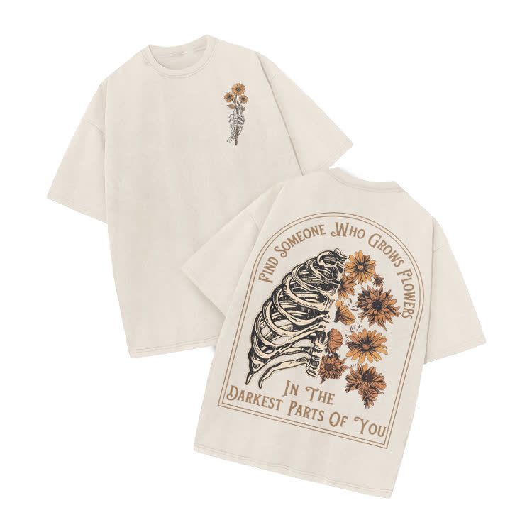 Vintage Floral Ribcage Print Acid Washed T-Shirt - Beige - US20-22(3XL) - image 7