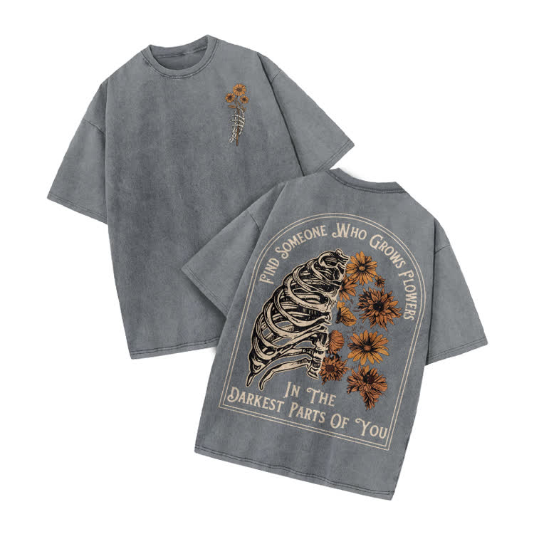 Vintage Floral Ribcage Print Acid Washed T-Shirt - Grey - US20-22(3XL) - image 6
