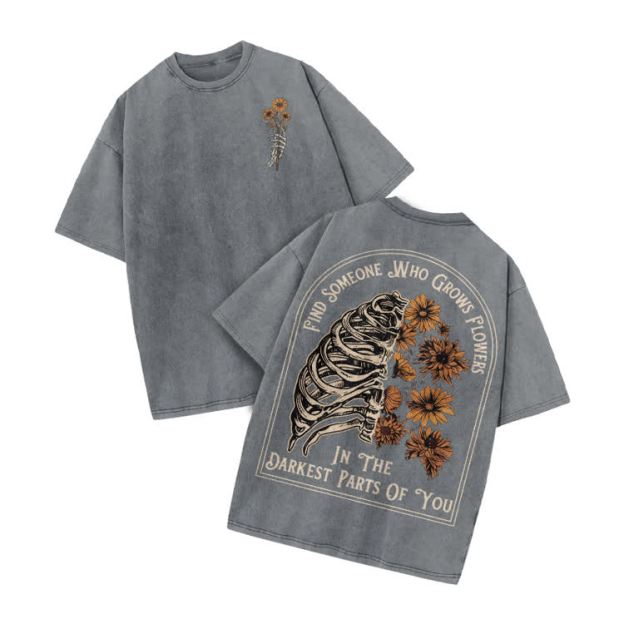 Vintage Floral Ribcage Print Acid Washed T-Shirt - Grey - US20-22(3XL) - image 6