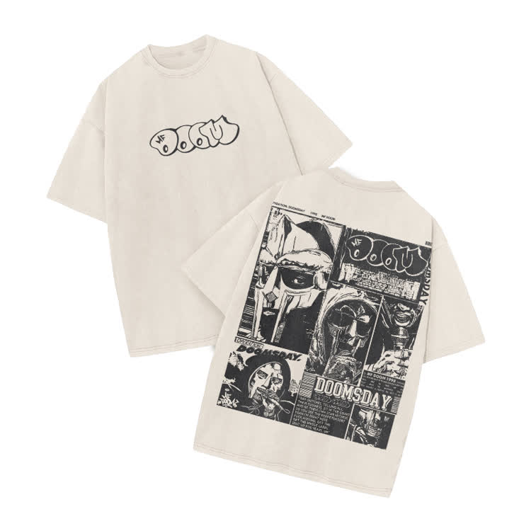 Vintage Doomsday Mask Panel Print Acid Washed T-Shirt - Beige - US20-22(3XL) - image 2