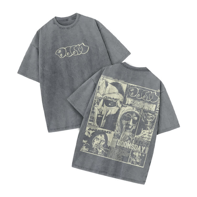 Vintage Doomsday Mask Panel Print Acid Washed T-Shirt - Grey - US20-22(3XL) - image 1