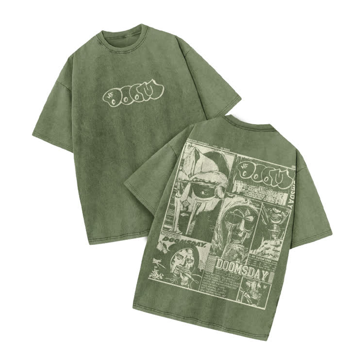 Vintage Doomsday Mask Panel Print Acid Washed T-Shirt - Army Green - US20-22(3XL) - image 4